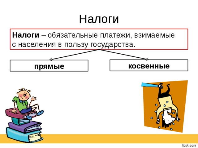 Налоги Налоги – обязательные платежи, взимаемые с населения в пользу государства. косвенные прямые 