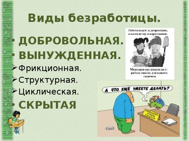 Виды безработицы. ДОБРОВОЛЬНАЯ. ВЫНУЖДЕННАЯ. Фрикционная. Структурная. Циклическая. СКРЫТАЯ 
