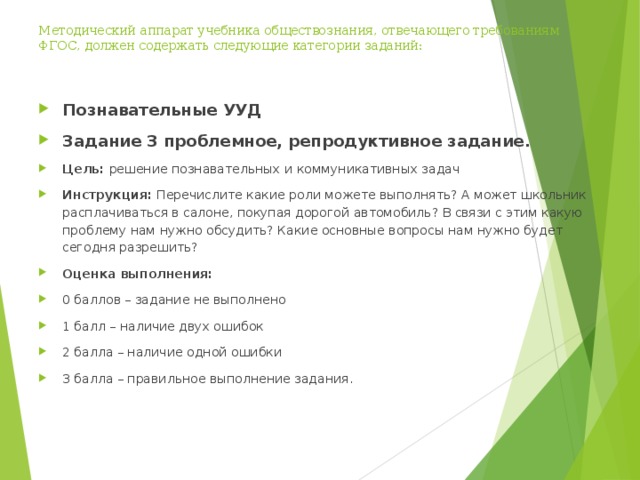 Методический аппарат учебника обществознания, отвечающего требованиям ФГОС, должен содержать следующие категории заданий:   Познавательные УУД Задание 3 проблемное, репродуктивное задание. Цель: решение познавательных и коммуникативных задач Инструкция: Перечислите какие роли можете выполнять? А может школьник расплачиваться в салоне, покупая дорогой автомобиль? В связи с этим какую проблему нам нужно обсудить? Какие основные вопросы нам нужно будет сегодня разрешить? Оценка выполнения: 0 баллов – задание не выполнено 1 балл – наличие двух ошибок 2 балла – наличие одной ошибки 3 балла – правильное выполнение задания.  