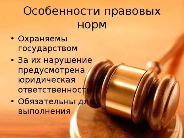 Особенности правовых норм Охраняемы государством За их нарушение предусмотрена юридическая ответственность Обязательны для выполнения 