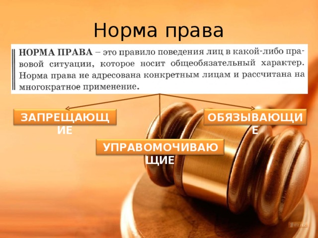 Норма права ЗАПРЕЩАЮЩИЕ ОБЯЗЫВАЮЩИЕ УПРАВОМОЧИВАЮЩИЕ 