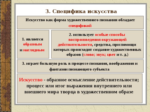 3. Специфика искусства Искусство как форма художественного познания обладает  спецификой  1. является 2. использует особые способы образным  воспроизведения окружающей действительности , средства, при помощи и наглядным  которых происходит создание художественных образов ( слово; звук; цвет и т. д.) 3. играет большую роль в процессе познания, воображения и фантазии познающего субъекта  Искусство - образное осмысление действительности; процесс или итог выражения внутреннего или внешнего мира творца в художественном образе   
