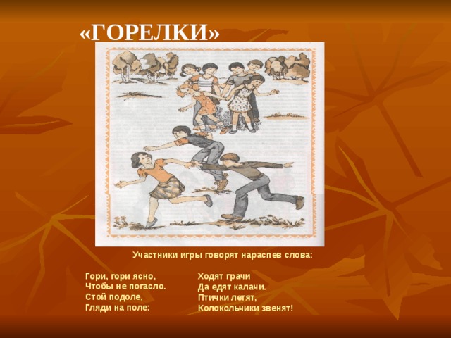    «Горелки» Участники игры говорят нараспев слова:  Гори, гори ясно, Чтобы не погасло. Стой подоле, Гляди на поле: Ходят грачи Да едят калачи. Птички летят, Колокольчики звенят! 