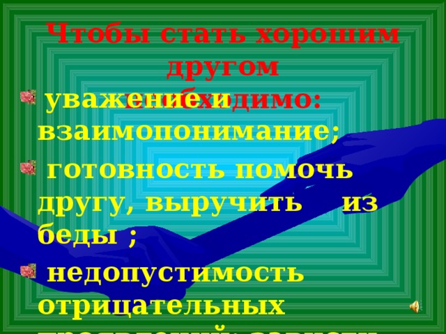 Чтобы стать хорошим другом  необходимо:  уважение и взаимопонимание;  готовность помочь другу, выручить из беды ;  недопустимость отрицательных проявлений: зависти, чёрствости, бездушия, бессердечности. 