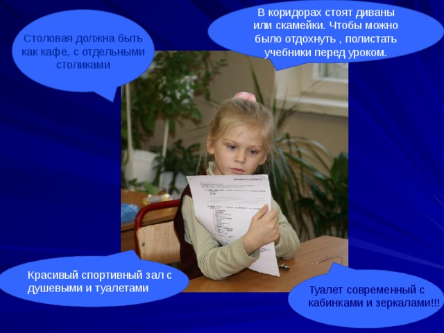 В коридорах стоят диваны или скамейки. Чтобы можно было отдохнуть , полистать учебники перед уроком. Столовая должна быть как кафе, с отдельными столиками Красивый спортивный зал с душевыми и туалетами Туалет современный с кабинками и зеркалами!!!  