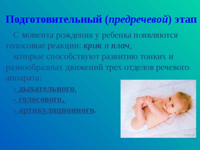 Подготовительный ( предречевой ) этап С момента рождения у ребенка появляются голосовые реак­ции: крик и плач , которые способствуют развитию тонких и разнообразных движений трех отделов речевого аппарата: - дыхательного ,  - голосового, - артикуляционного . 