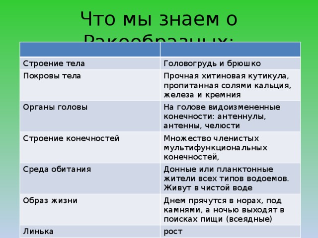 Что мы знаем о Ракообразных: Строение тела Головогрудь и брюшко Покровы тела Прочная хитиновая кутикула, пропитанная солями кальция, железа и кремния Органы головы На голове видоизмененные конечности: антеннулы, антенны, челюсти Строение конечностей Множество членистых мультифункциональных Среда обитания конечностей, Донные или планктонные жители всех типов водоемов. Живут в чистой воде Образ жизни Днем прячутся в норах, под камнями, а ночью выходят в поисках пищи (всеядные) Линька рост 