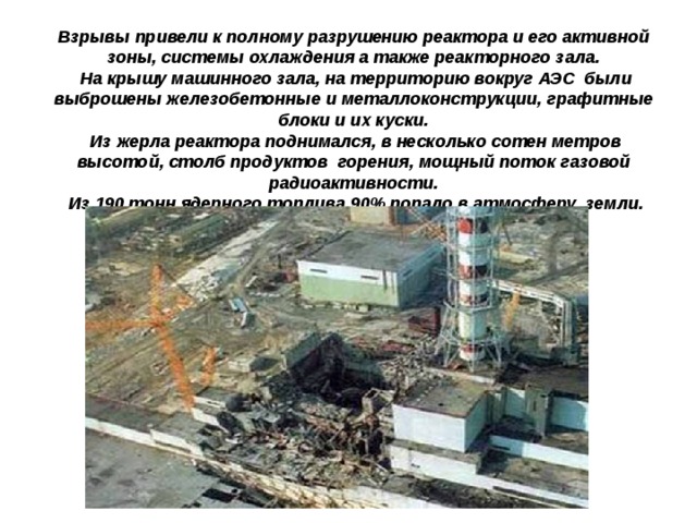       Взрывы привели к полному разрушению реактора и его активной зоны, системы охлаждения а также реакторного зала.  На крышу машинного зала, на территорию вокруг АЭС были выброшены железобетонные и металлоконструкции, графитные блоки и их куски.  Из жерла реактора поднимался, в несколько сотен метров высотой, столб продуктов горения, мощный поток газовой радиоактивности.  Из 190 тонн ядерного топлива 90% попало в атмосферу земли.   