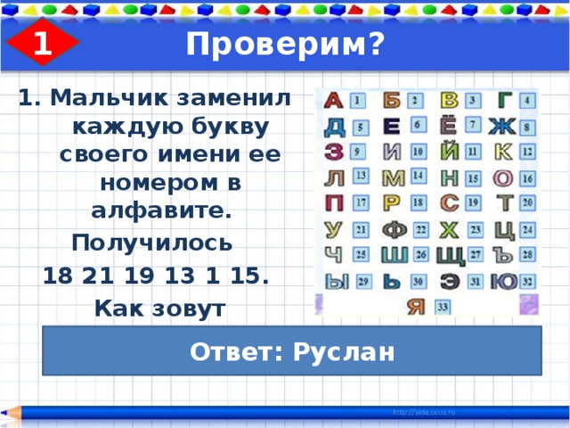 1 Проверим? Мальчик заменил каждую букву своего имени ее номером в алфавите. Получилось 18 21 19 13 1 15.  Как зовут мальчика? Ответ: Руслан 