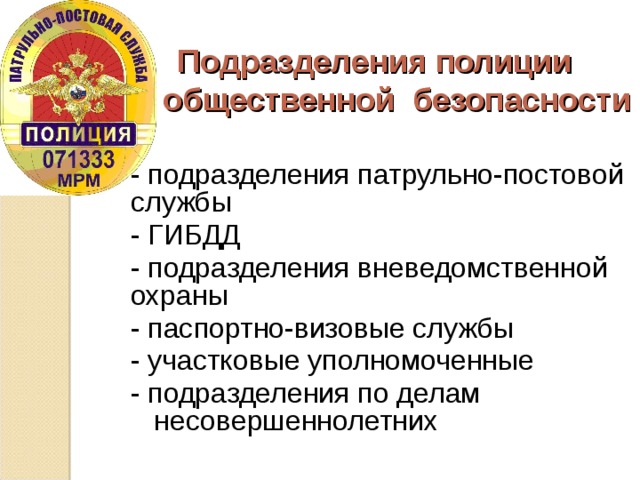 Подразделения полиции  общественной безопасности - подразделения патрульно-постовой службы - ГИБДД - подразделения вневедомственной охраны - паспортно-визовые службы - участковые уполномоченные - подразделения по делам несовершеннолетних 