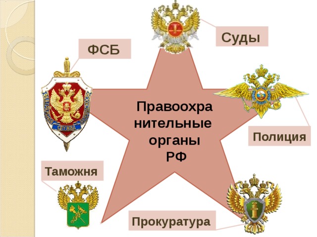 Правоохранительные органы  РФ Суды  ФСБ  Полиция  Таможня  Прокуратура  