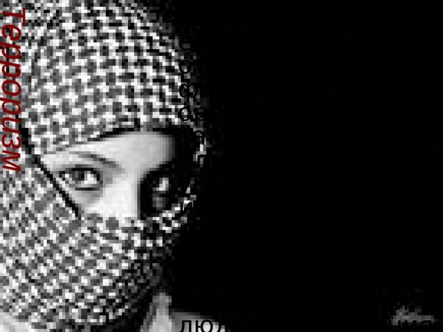 Насилие или угроза его применения в отношении физических лиц или организаций, а также уничтожение или угроза  уничтожения имущества и других материальных объектов, создающие опасность гибели людей, причинения значительного имущественного ущерба.  Терроризм  