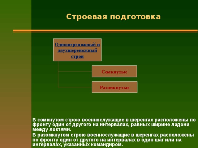 Строевая подготовка Одношереножный и двухшереножный строи Сомкнутые Разомкнутые В сомкнутом строю военнослужащие в шеренгах расположены по фронту один от другого на интервалах, равных ширине ладони между локтями. В разомкнутом строю военнослужащие в шеренгах расположены по фронту один от другого на интервалах в один шаг или на интервалах, указанных командиром.   