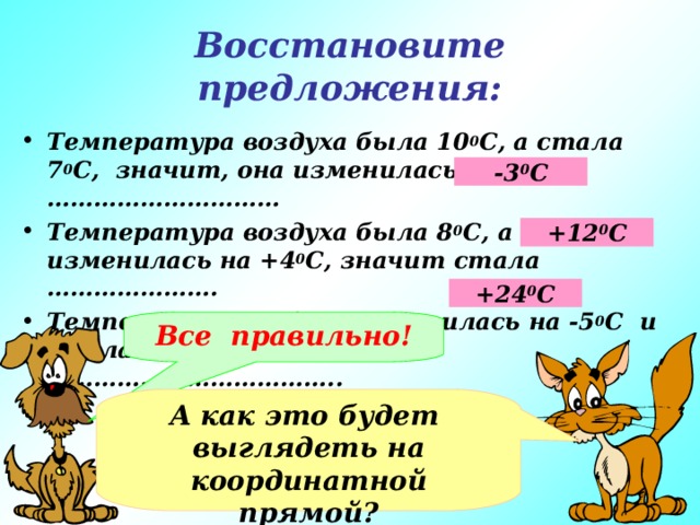 Восстановите предложения: Температура воздуха была 10 0 С, а стала 7 0 С, значит, она изменилась на ………………………… Температура воздуха была 8 0 С, а потом изменилась на +4 0 С, значит стала …………………. Температура воздуха изменилась на -5 0 С и стала 19 0 С, значит была ……………………………….. -3 0 С +12 0 С +24 0 С Все правильно! А как это будет выглядеть на координатной прямой? 