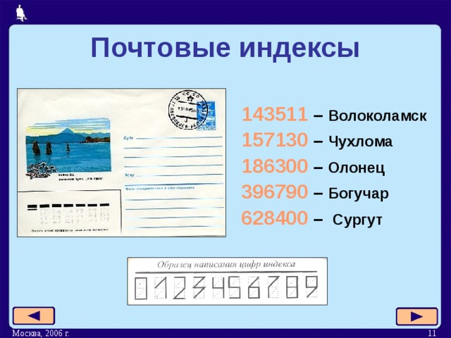 Почтовые индексы 143511 – Волоколамск 157130 – Чухлома 186300 – Олонец 396790 – Богучар 628400 – Сургут Москва, 2006 г. 10