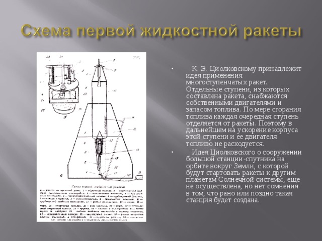  К. Э. Циолковскому принадлежит идея применения многоступенчатых ракет. Отдельные ступени, из которых составлена ракета, снабжаются собственными двигателями и запасом топлива. По мере сгорания топлива каждая очередная ступень отделяется от ракеты. Поэтому в дальнейшем на ускорение корпуса этой ступени и ее двигателя топливо не расходуется.  Идея Циолковского о сооружении большой станции-спутника на орбите вокруг Земли, с которой будут стартовать ракеты к другим планетам Солнечной системы, еще не осуществлена, но нет сомнения в том, что рано или поздно такая станция будет создана.  