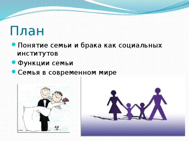 План Понятие семьи и брака как социальных институтов Функции семьи Семья в современном мире 