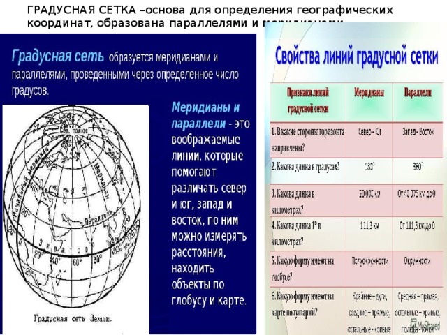 ГРАДУСНАЯ СЕТКА –основа для определения географических координат, образована параллелями и меридианами 