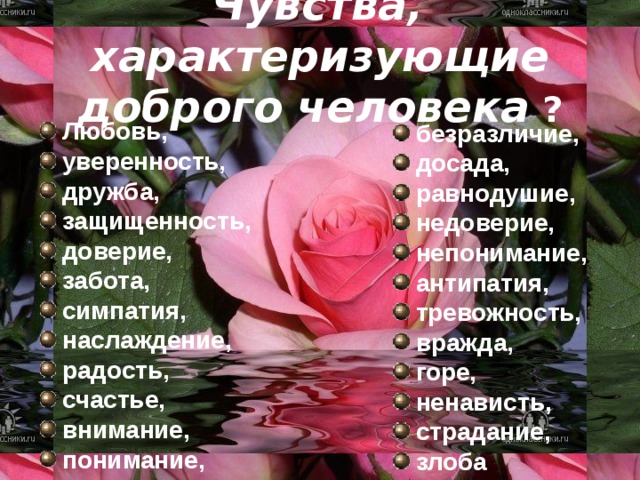  Чувства, характеризующие доброго человека ? Любовь, уверенность, дружба, защищенность, доверие, забота, симпатия, наслаждение, радость, счастье, внимание, понимание,   безразличие, досада, равнодушие, недоверие, непонимание, антипатия, тревожность, вражда, горе, ненависть, страдание, злоба    