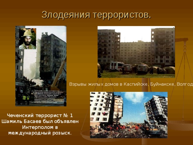 Злодеяния террористов. Взрывы жилых домов в Каспийске, Буйнакске, Волгодонске . Чеченский террорист № 1 Шамиль Басаев был объявлен Интерполом в международный розыск. 