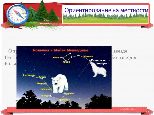  Определения сторон горизонта по Полярной звезде По Полярной звезде сначала нужно найти на небе созвездие Большой Медведицы семь ярких звёзд.  