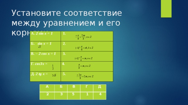 Установите соответствие между уравнением и его корнями А. 2 sin x = 1  1. Б. sin x = 1  2. В . – 2 cos x = 1  3. Г. cos3x = 4. Д. 2 tg x =  5. А   2 Б В   3 Г 5  Д   1   4 