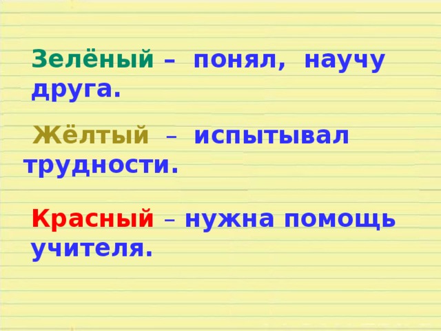Зелёный –  понял, научу друга.  Жёлтый  –  испытывал трудности. Красный –  нужна помощь учителя. 
