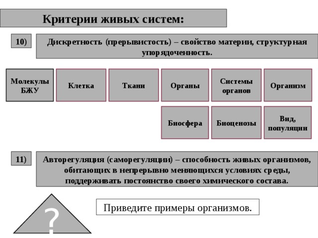 Критерии живых систем: 10) Дискретность (прерывистость) – свойство материи, структурная упорядоченность. Молекулы БЖУ Клетка Ткани Органы Системы органов Организм Вид, популяции Биоценозы Биосфера Авторегуляция (саморегуляции) – способность живых организмов, обитающих в непрерывно меняющихся условиях среды, поддерживать постоянство своего химического состава. 11) ? Приведите примеры организмов. 