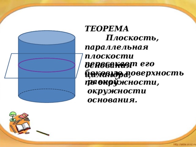 ТЕОРЕМА Плоскость, параллельная плоскости основания цилиндра, пересекает его боковую поверхность по окружности, равной окружности основания. 