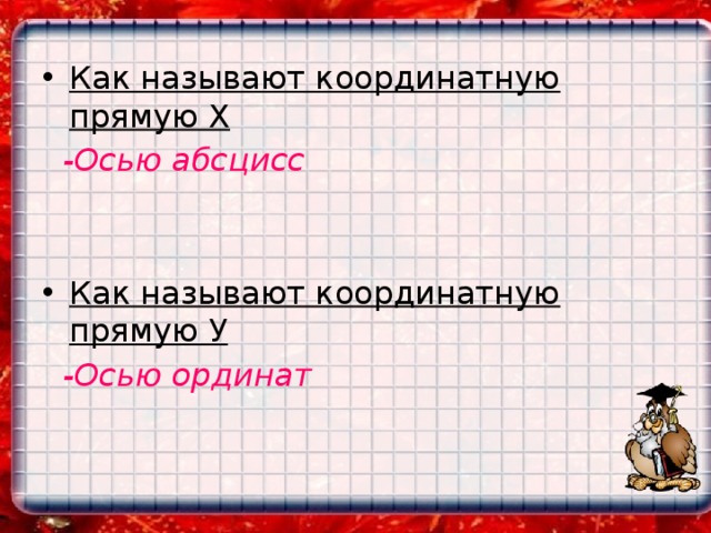 Как называют координатную прямую Х  -Осью абсцисс Как называют координатную прямую У