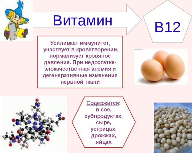 B12 Витамин Усиливает иммунитет,  участвует в кроветворении, нормализует кровяное давление. При недостатке- злокачественная анемия и дегенеративные изменения нервной ткани Содержится : в сое, субпродуктах, сыре, устрицах,  дрожжах, яйцах 