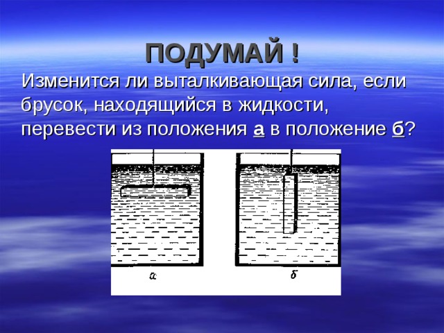 ПОДУМАЙ !  Изменится ли выталкивающая сила, если брусок, находящийся в жидкости, перевести из положения а в положение б ? 