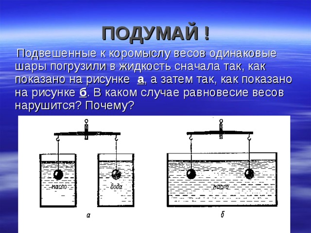 ПОДУМАЙ !  Подвешенные к коромыслу весов одинаковые шары погрузили в жидкость сначала так, как показано на рисунке а , а затем так, как показано на рисунке б . В каком случае равновесие весов нарушится? Почему? 