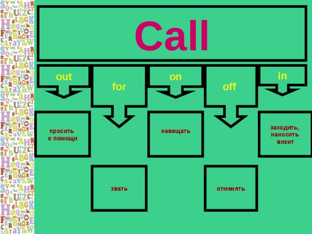 Call for off on in out просить о помощи навещать  заходить, наносить визит отменять звать 