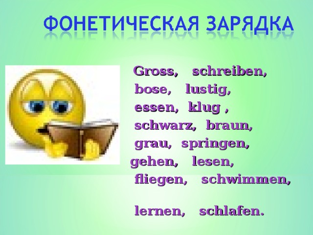  Gross , schreiben ,   bose ,   lustig ,  e ssen , klug ,  schwarz , braun ,  grau , springen ,  gehen , lesen ,  fliegen , schwimmen ,   lernen , schlafen .  