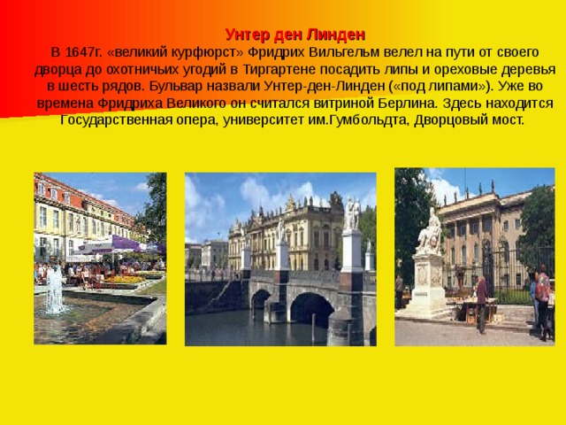 Унтер ден Линден В 1647г. «великий курфюрст» Фридрих Вильгельм велел на пути от своего дворца до охотничьих угодий в Тиргартене посадить липы и ореховые деревья в шесть рядов. Бульвар назвали Унтер-ден-Линден («под липами»). Уже во времена Фридриха Великого он считался витриной Берлина. Здесь находится Государственная опера, университет им.Гумбольдта, Дворцовый мост. 