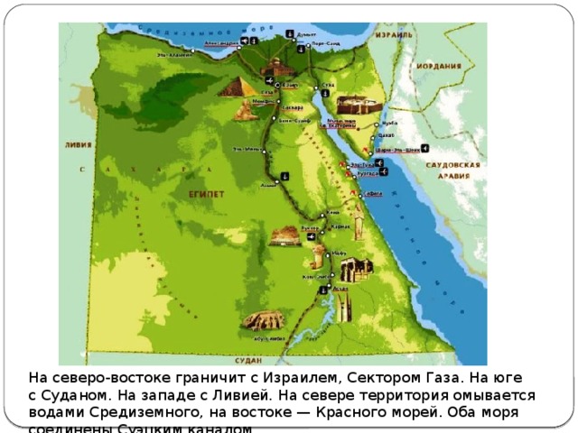 На северо-востоке граничит с Израилем, Сектором Газа. На юге с Суданом. На западе с Ливией. На севере территория омывается водами Средиземного, на востоке — Красного морей. Оба моря соединены Суэцким каналом. 