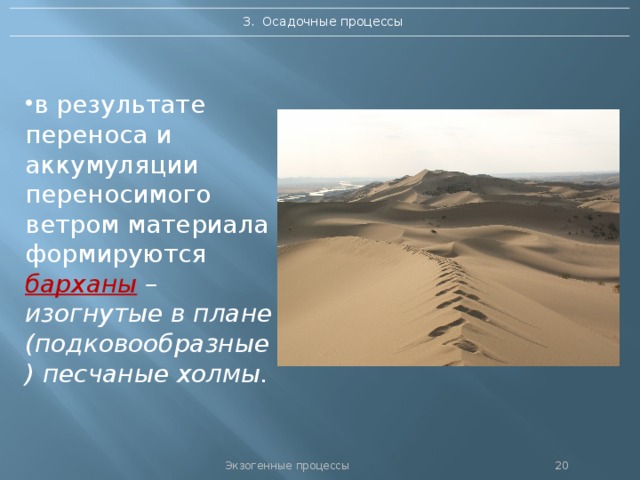 3. Осадочные процессы в результате переноса и аккумуляции переносимого ветром материала формируются барханы – изогнутые в плане (подковообразные) песчаные холмы. Экзогенные процессы 19 