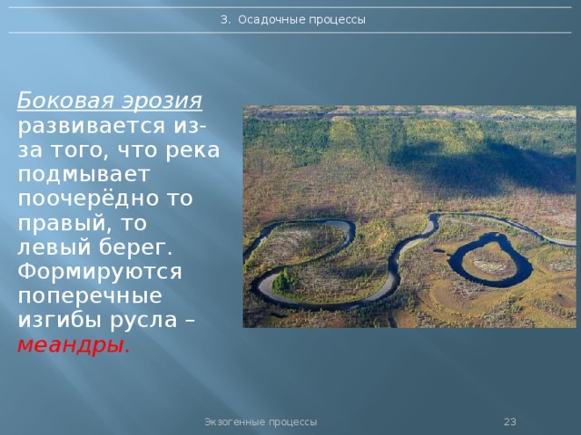 3. Осадочные процессы Боковая эрозия развивается из-за того, что река подмывает поочерёдно то правый, то левый берег. Формируются поперечные изгибы русла – меандры. Экзогенные процессы 22 
