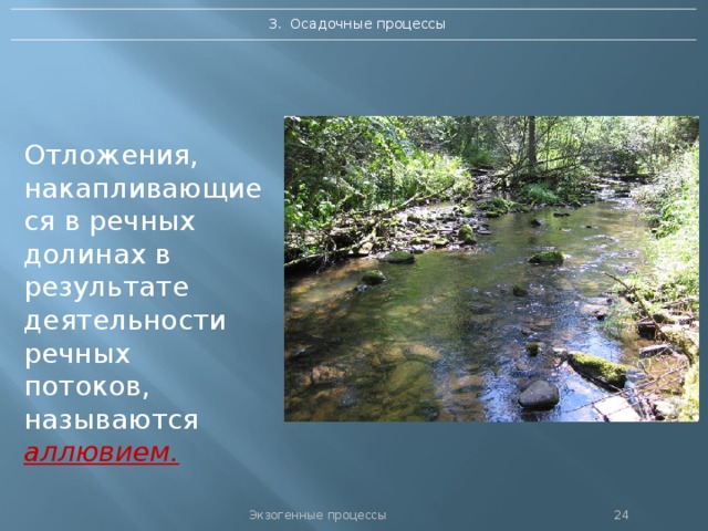 3. Осадочные процессы Отложения, накапливающиеся в речных долинах в результате деятельности речных потоков, называются аллювием. Экзогенные процессы 23 