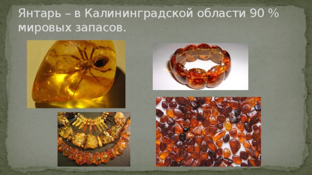 Янтарь – в Калининградской области 90 % мировых запасов. 