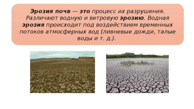Эрозия почв  —  это  процесс их разрушения. Различают водную и ветровую  эрозию . Водная эрозия  происходит под воздействием временных потоков атмосферных вод (ливневые дожди, талые воды и т. д.).  