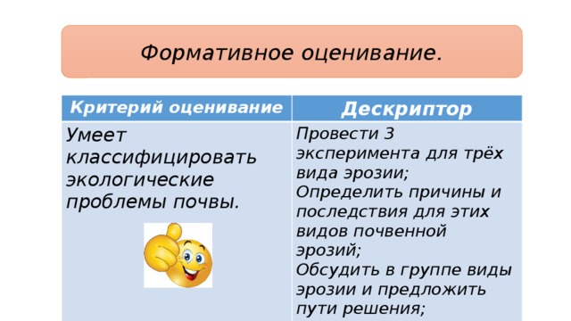 Формативное оценивание. Критерий оценивание Дескриптор Умеет классифицировать экологические проблемы почвы. Провести 3 эксперимента для трёх вида эрозии; Определить причины и последствия для этих видов почвенной эрозий; Обсудить в группе виды эрозии и предложить пути решения; 