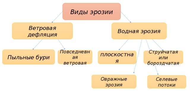 Виды эрозии Ветровая дефляция Водная эрозия Пыльные бури Повседневная ветровая плоскостная Струйчатая или бороздчатая Овражные эрозия Селевые потоки 