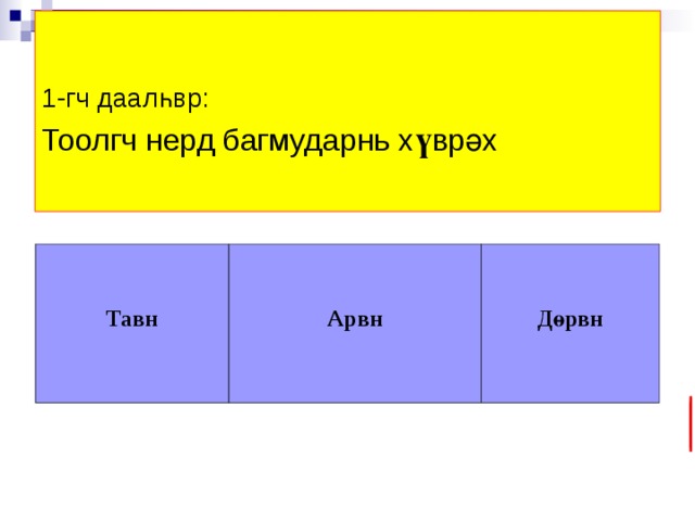 1-гч даалһвр:   Тоолгч нерд багмударнь х ү врәх    Тавн       Арвн Дөрвн 