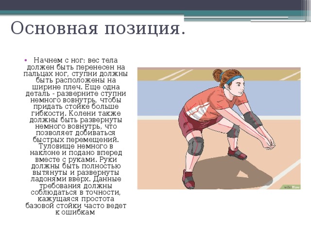 Основная позиция. Начнем с ног: вес тела должен быть перенесен на пальцах ног, ступни должны быть расположены на ширине плеч. Еще одна деталь - разверните ступни немного вовнутрь, чтобы придать стойке больше гибкости. Колени также должны быть развернуты немного вовнутрь, что позволяет добиваться быстрых перемещений. Туловище немного в наклоне и подано вперед вместе с руками. Руки должны быть полностью вытянуты и развернуты ладонями вверх. Данные требования должны соблюдаться в точности, кажущаяся простота базовой стойки часто ведет к ошибкам 