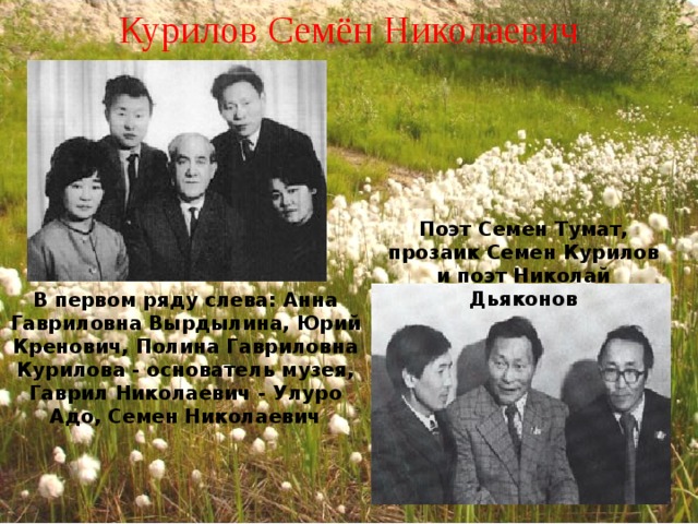 Курилов Семён Николаевич Поэт Семен Тумат, прозаик Семен Курилов и поэт Николай Дьяконов  В первом ряду слева: Анна Гавриловна Вырдылина, Юрий Кренович, Полина Гавриловна Курилова - основатель музея, Гаврил Николаевич - Улуро Адо, Семен Николаевич  