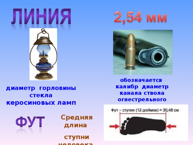 обозначается калибр ­ диаметр канала ствола огнестрельного оружия диаметр горловины стекла керосиновых ламп Средняя длина ступни человека 