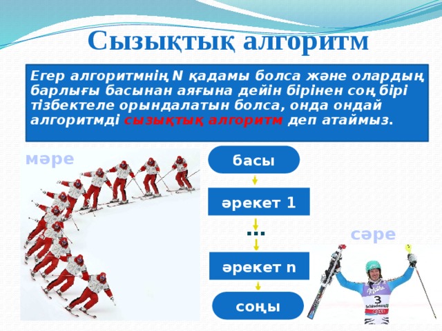 Сызықтық алгоритм Егер алгоритмнің N қадамы болса және олардың барлығы басынан аяғына дейін бірінен соң бірі тізбектеле орындалатын болса, онда ондай алгоритмді сызықтық алгоритм деп атаймыз. басы мәре әрекет 1 … сәре әрекет n соңы