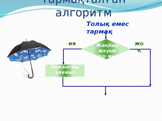 Тармақталған алгоритм Толық емес тармақ жоқ ия Жаңбыр жауып тұр ма? Қолшатыр аламыз